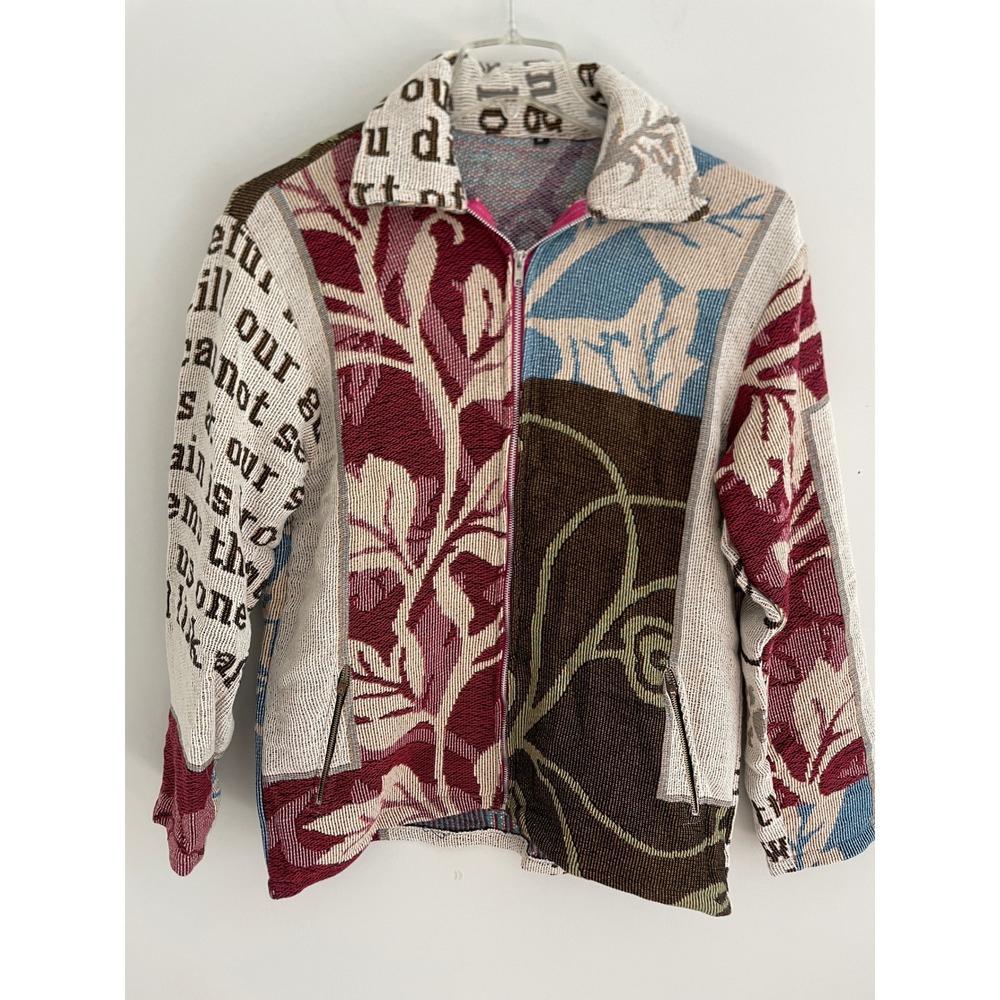 Upcycled Woven Tapestry Patchwork Zip Up Jacket Floral Text Print Multi Color